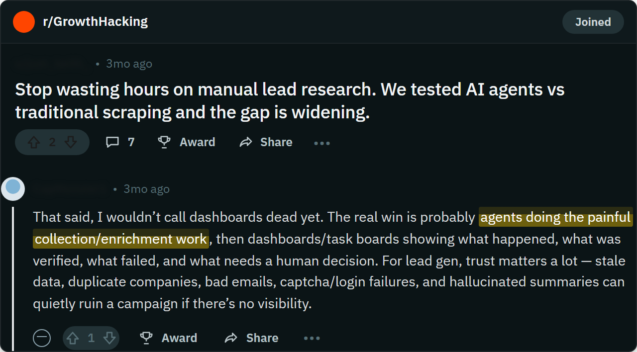 A screenshot of a Reddit comment from r/GrowthHacking; names hidden