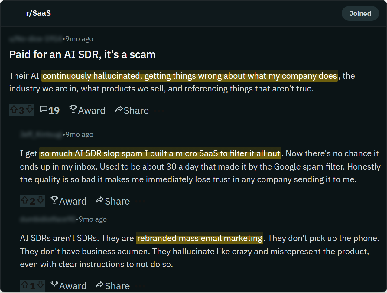 A screenshot of a Reddit thread from r/SaaS; names hidden