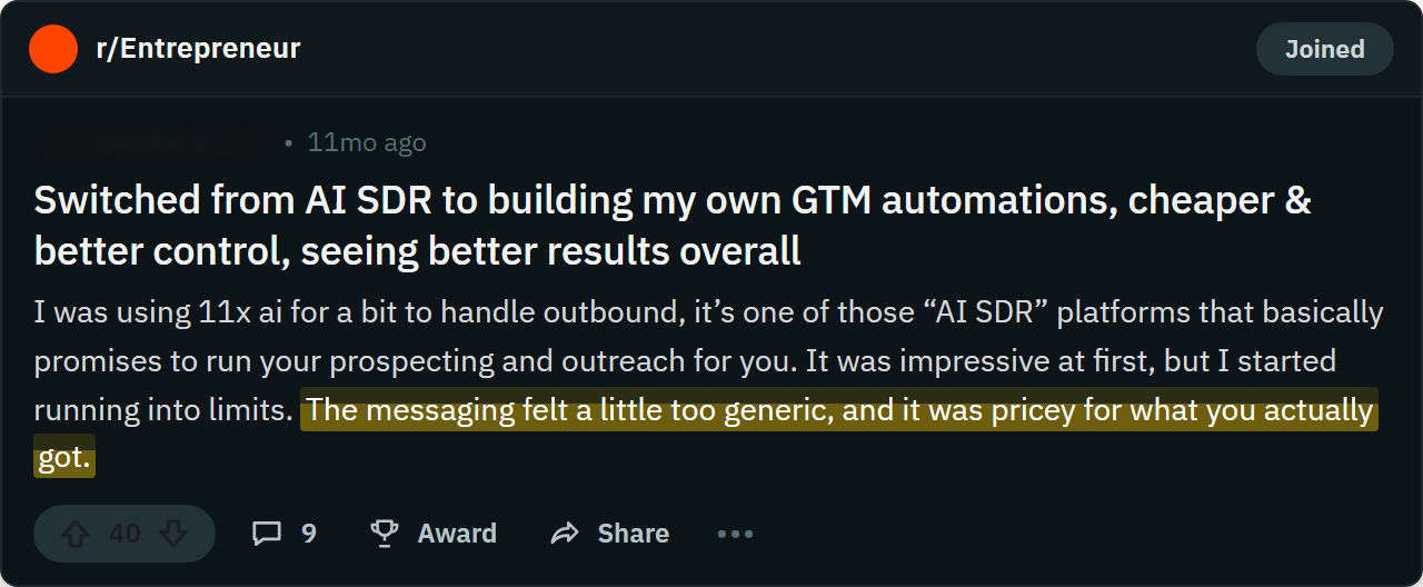 A screenshot of a Reddit post from r/Entrepreneur; names hidden